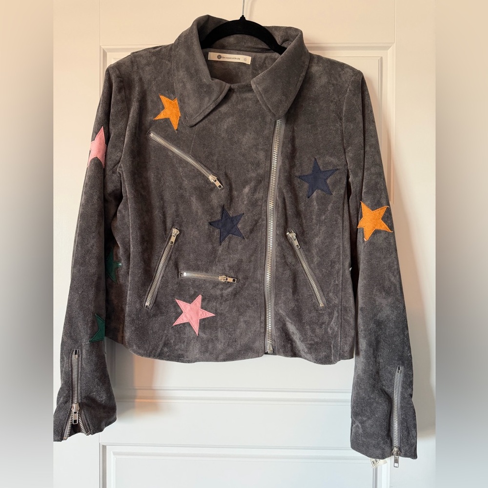 Olivaceous Gray Faux Suede Moto Jacket with Colorful Star Patches
